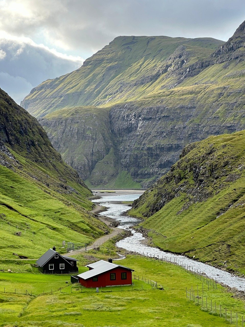 mountains, valley, landscape, houses, nature, sky, rock, summer, green, alps, clouds, grass, hill, alpine, travel, river, panorama, forest, norway